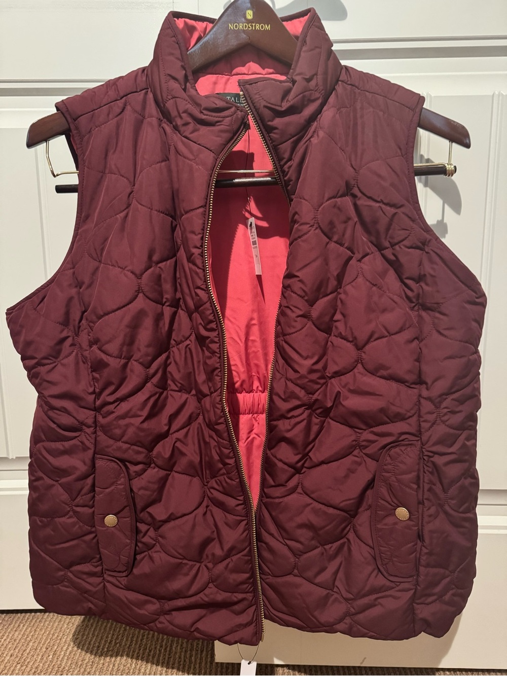 Talbots Quilted Sleeveless Vest in Burgundy with Pink Lining